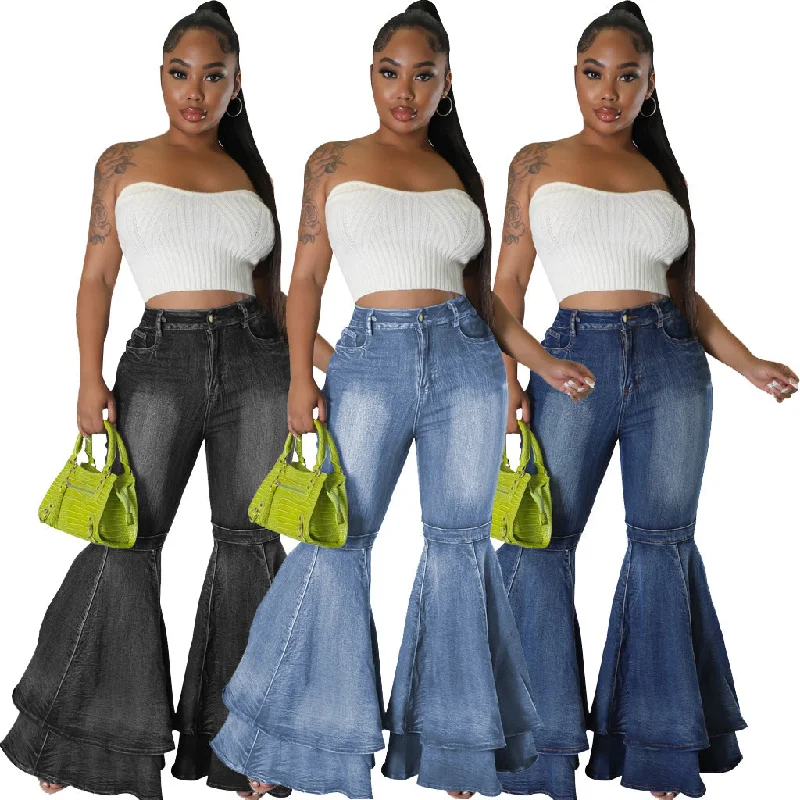 Wjczt fashion Fashionable All-Match Wide-Leg Washed Denim Stretch Flared Pants Chic Capri Pants