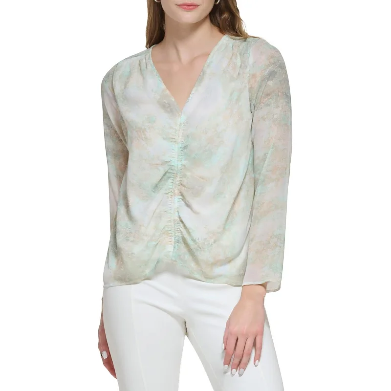 Womens Ruched V-Neck Blouse Relaxed Fit Blouse