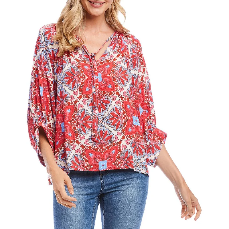 Womens Tie Neck Printed Blouse Relaxed Fit Blouse