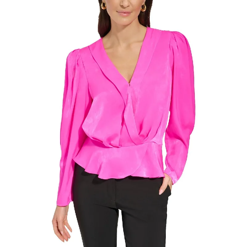 Womens Surplice V-Neck Blouse Puff Sleeve Blouse