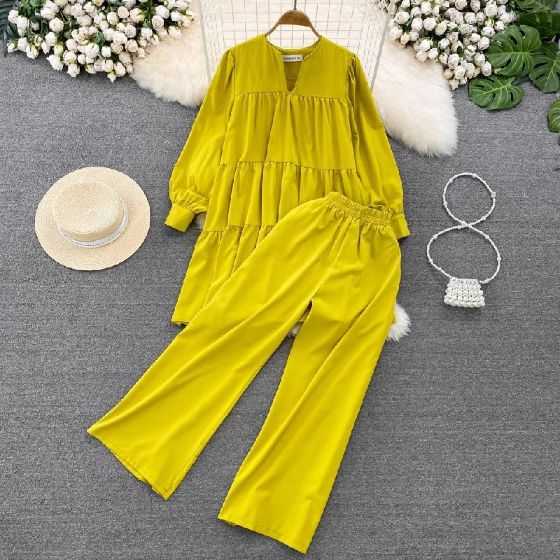 Wjczt outfit ideas for school Fashion Suit Women's Spring and Autumn Korean-Style Long-Sleeved V-neck Loose Pleated Top Two-Piece High Waist Slimming Wide-Leg Pants Elegant Palazzo Trousers