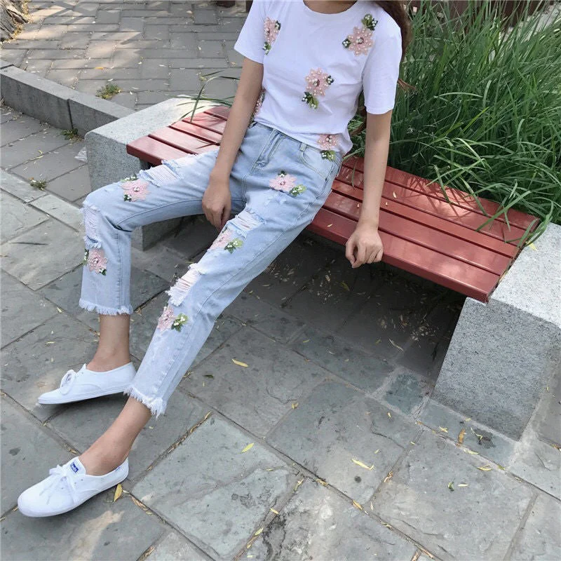 Wjczt hipster Heavy Industry Fashion Ripped Diamond Beaded Embroidered Denim Cropped Pants Female Students All-Match Slim Slimming Casual Pants Fashion High-Waist Trousers