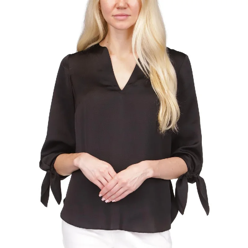 Petites Womens Satin Split Neck Blouse Delicate Bow Blouse