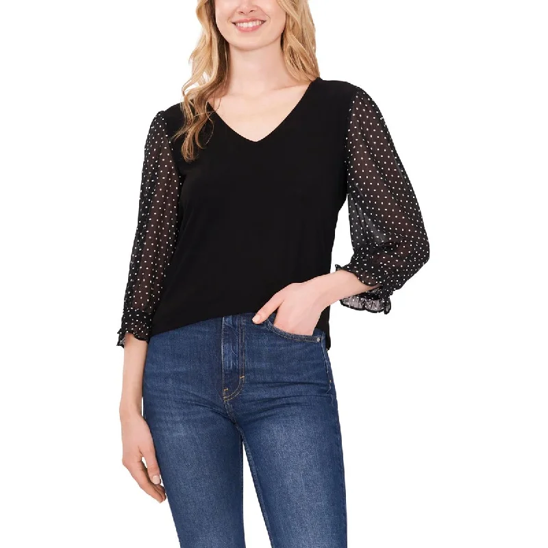 Womens Work V Neck Blouse Puff Sleeve Blouse