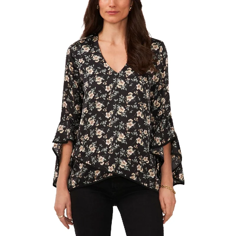 Womens Floral V Neck Blouse Satin Long Blouse