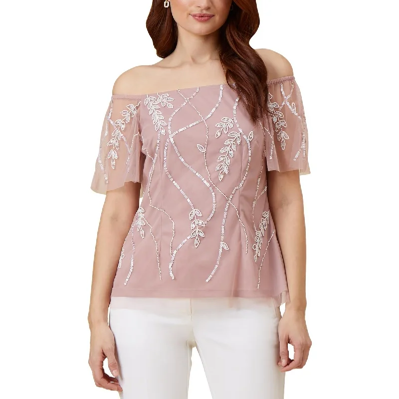 Womens Beaded Mesh Blouse Puff Sleeve Blouse