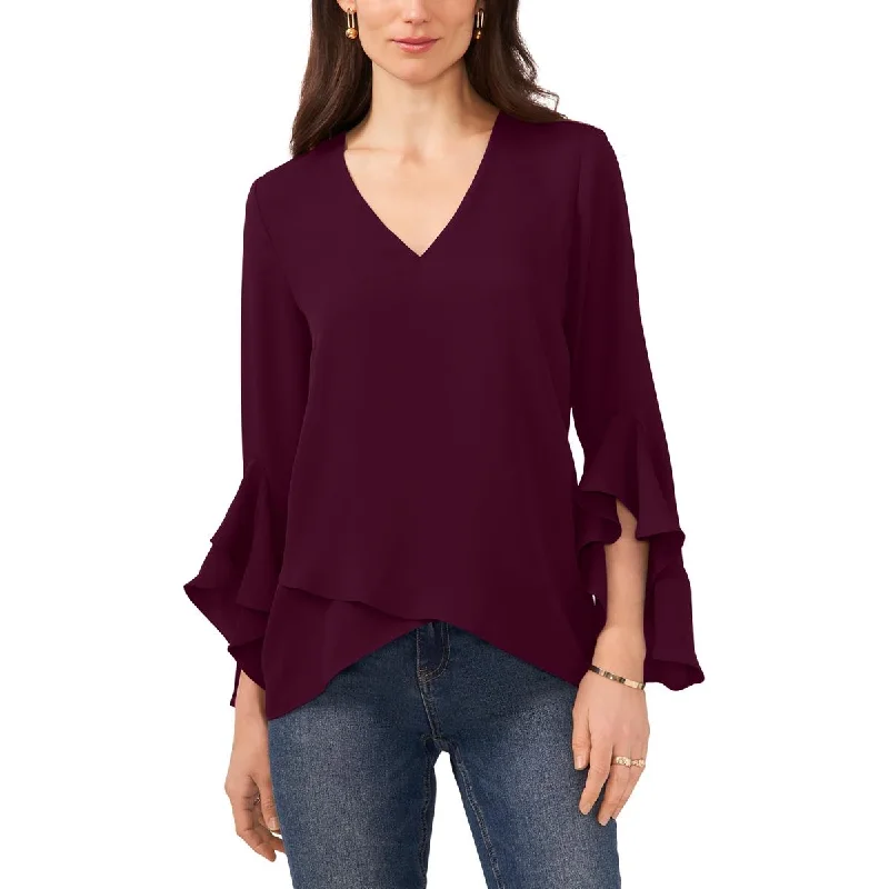 Plus Womens Flutter-Sleeve V-Neck Blouse Casual Button Blouse