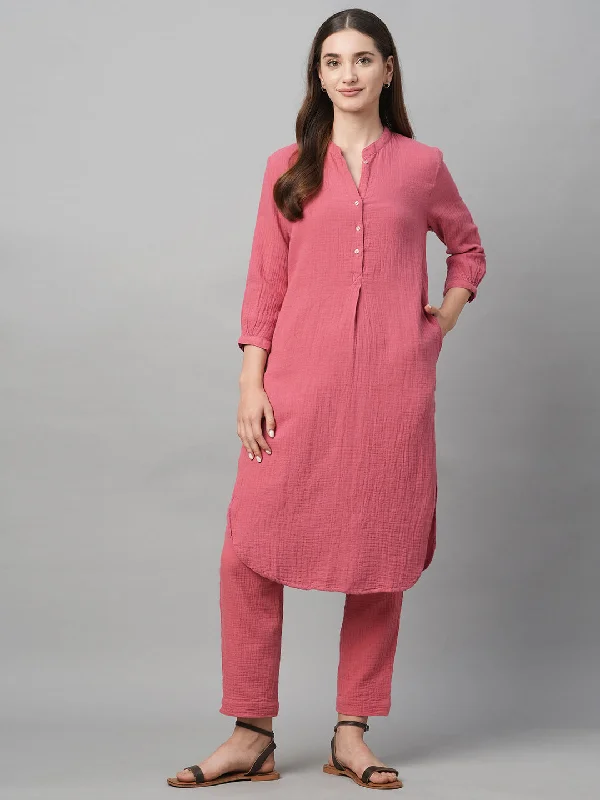 Women's Pink Cotton Regular Fit Pant Formal Wide-Leg Pants