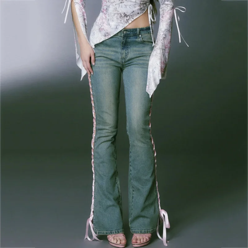 Women Fashion Sexy Side Slit Bandage Denim Pants High-Waist Jogger Pants