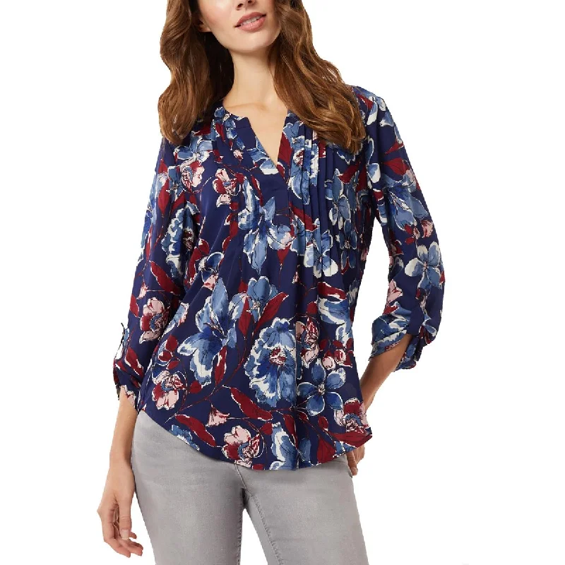 Womens Floral Pintuck Blouse Double Button Blouse