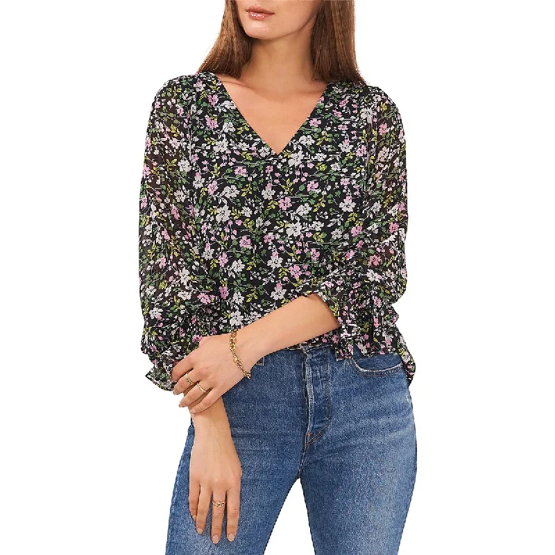 Womens Floral Print V-Neck Blouse Satin Long Blouse