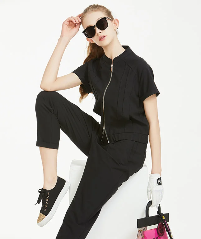 [SET SALE] Diane Pintuck Short Sleeve Blouson & Wide Banding Sammy Baggy Pants - Black Trendy Printed Pants