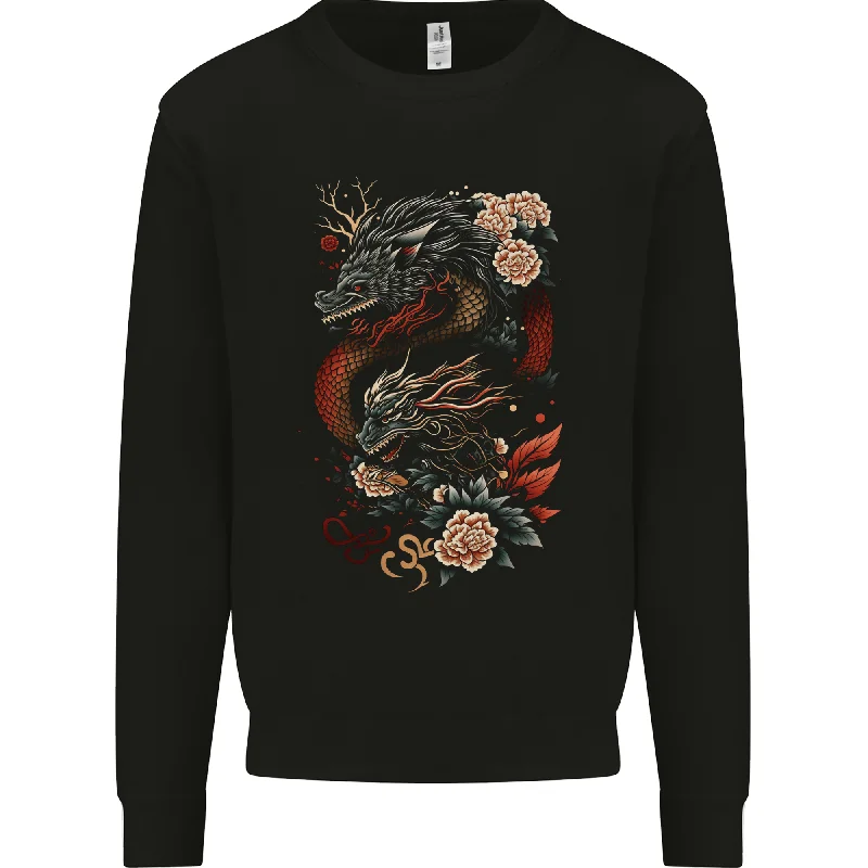 2 Chinese Dragons Fantasy Mens Sweatshirt Jumper Hoodie with Pastel Soft Subtle