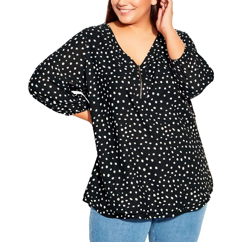 Plus Womens Polka Dot 1/4 Zip Blouse Mandarin Collar Blouse