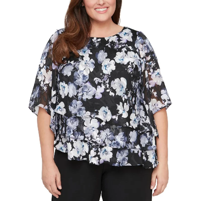 Plus Womens Tiered Floral Print Blouse Short Sleeve Blouse