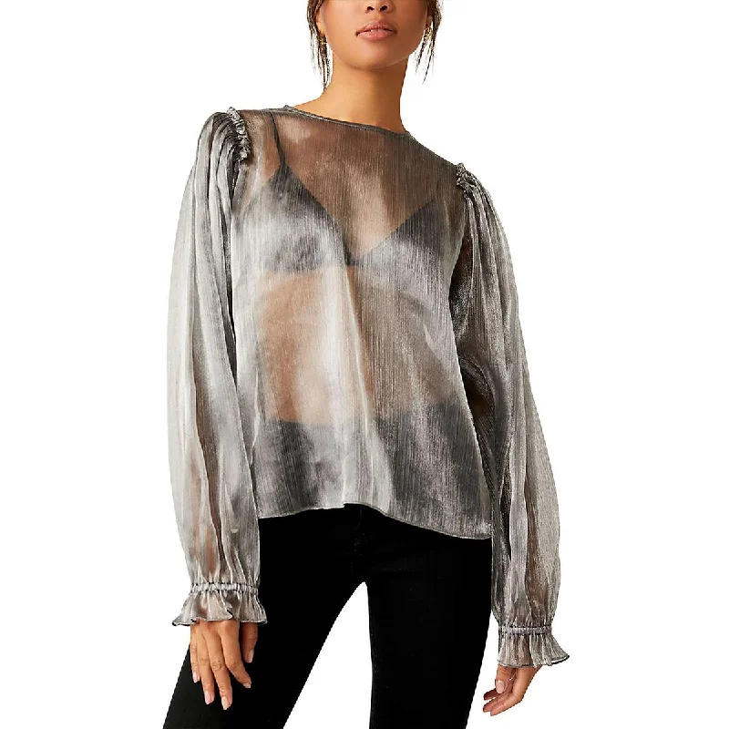 Freya Frost Womens Metallic Sheer Blouse Soft Satin Blouse