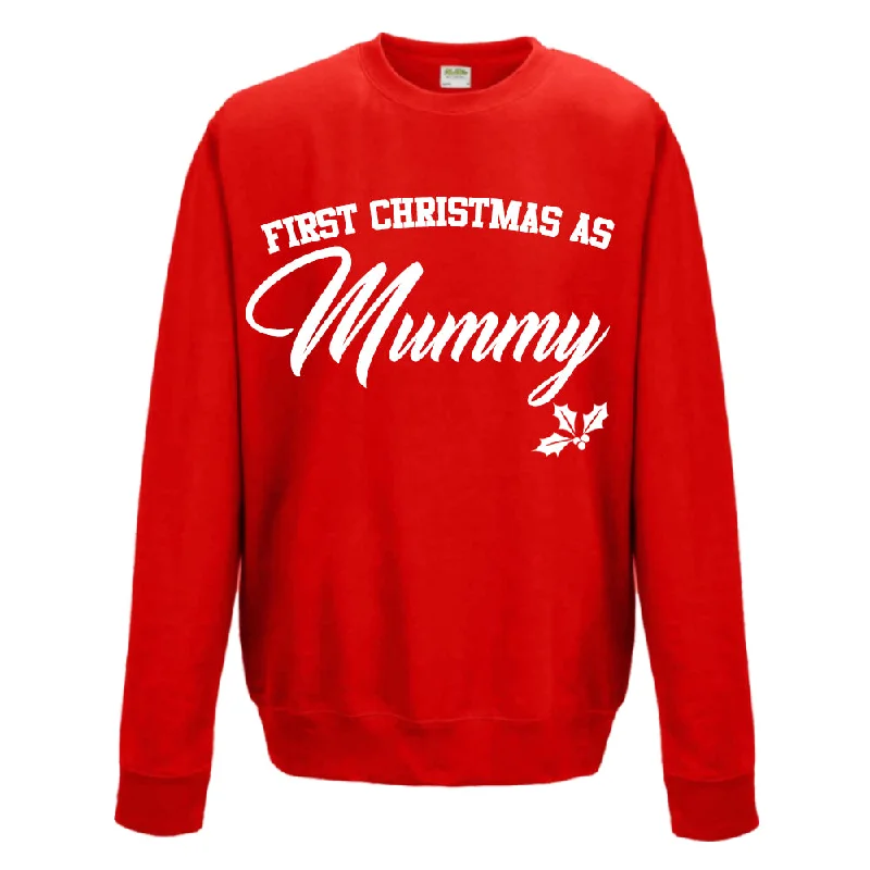 First Christmas As Mummy Classic Script Red Sweatshirt (MRK X) Hoodie with Strings Custom Fit Adjustable