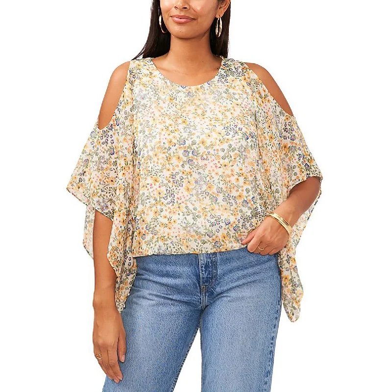 Womens Floral Cold Shoulder Blouse Sweetheart Neck Blouse