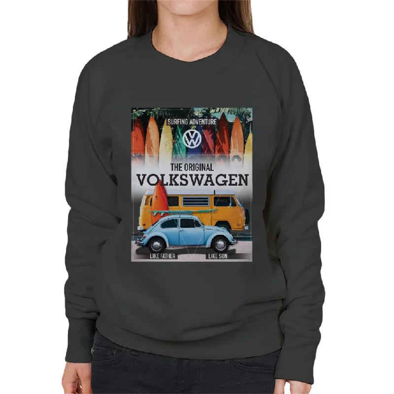 Volkswagen Beetle & Camper Surfing Adventure Women's Sweatshirt Hoodie with Hem Embroidery Detailed Premium