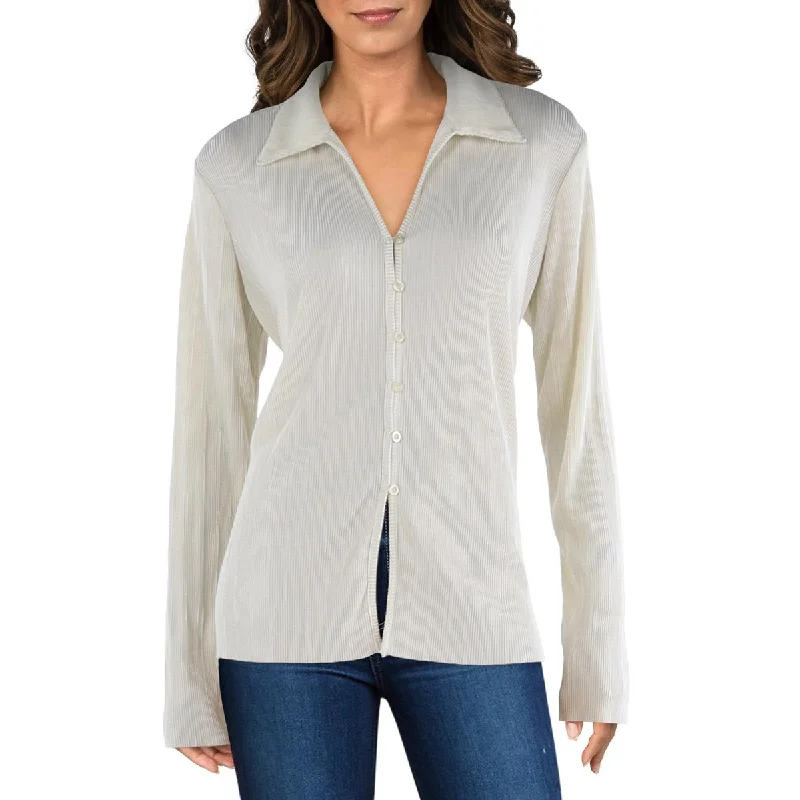 Womens Polyester Ribbed Blouse Casual Stripe Blouse