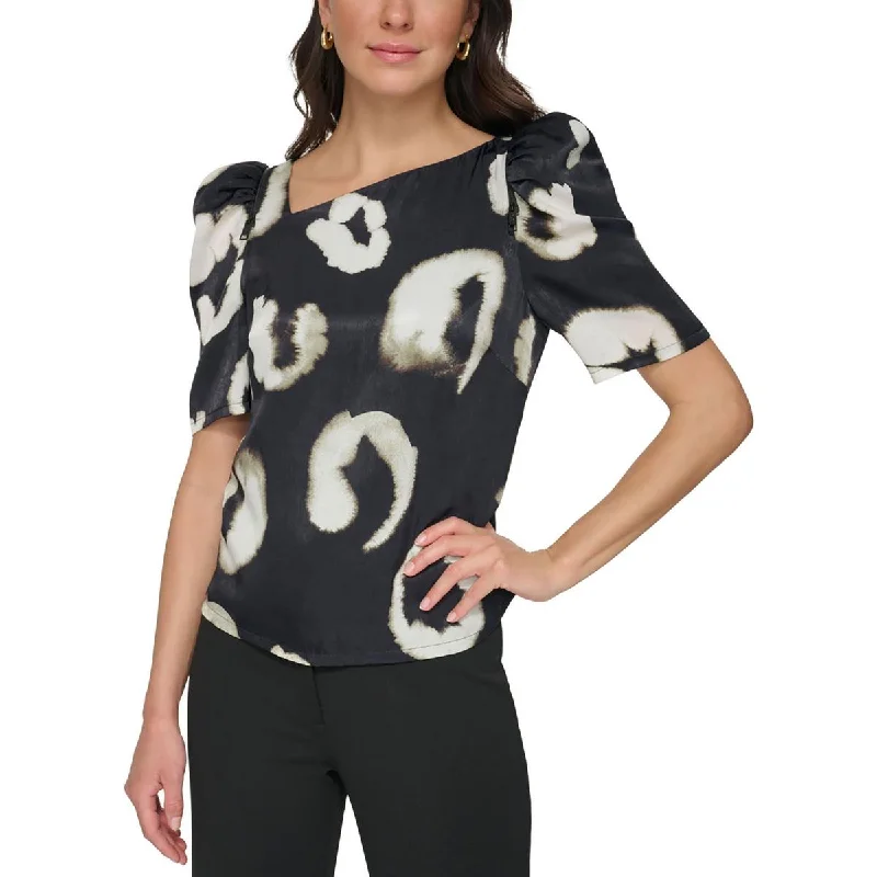 Womens Printed Puff Sleeve Blouse Stretchy Fitted Blouse