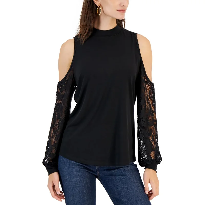 Womens Lace Trim Cold Shoulder Blouse Chic Wrap Blouse