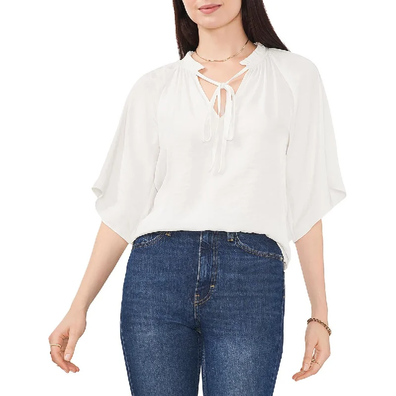 Womens Sheer Ruffle Split Neck Blouse Cotton Casual Blouse