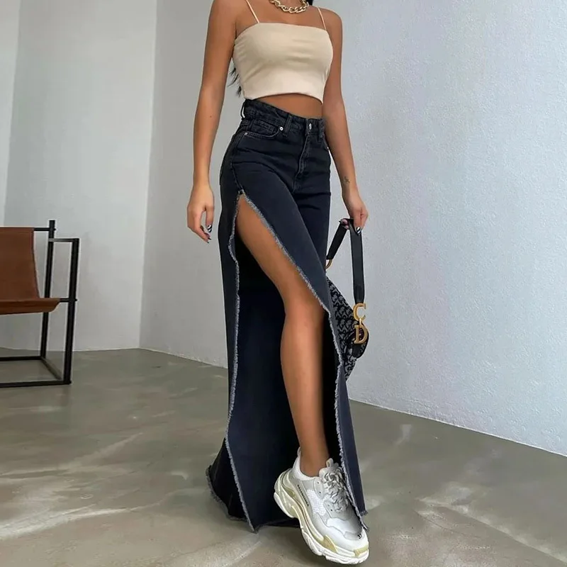 Women Fashion Sexy Edgy Slit Denim Pants Comfortable Denim Trousers