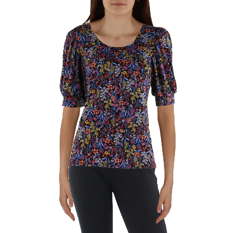 Womens Scoop Neck Floral Blouse Semi-Sheer Blouse