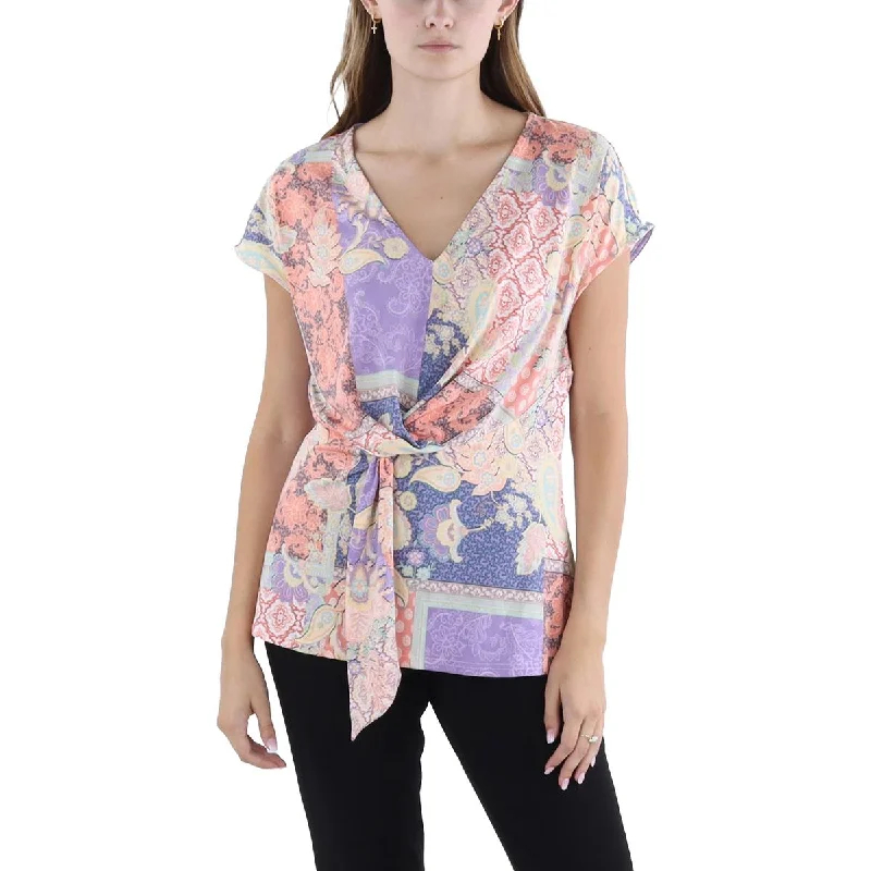 Womens Front Twist Printed Blouse Chic Wrap Blouse