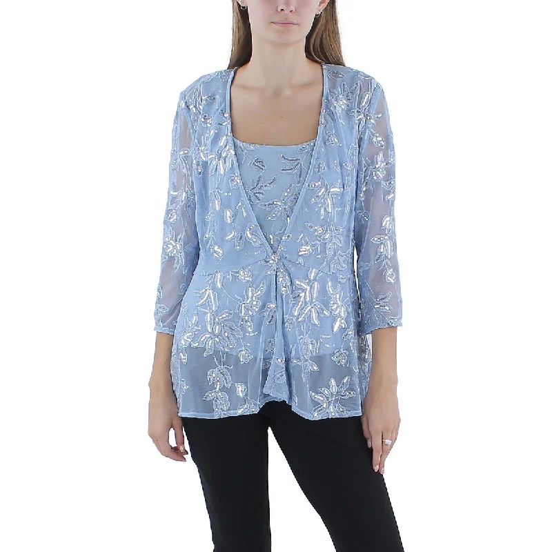 Womens 2PC Sequined Blouse Elegant Embroidery Blouse