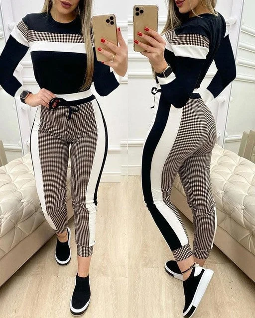 Fashion Women Sets Short Sleeve Tops High Waist Pant Casual Skinny Fit Pants