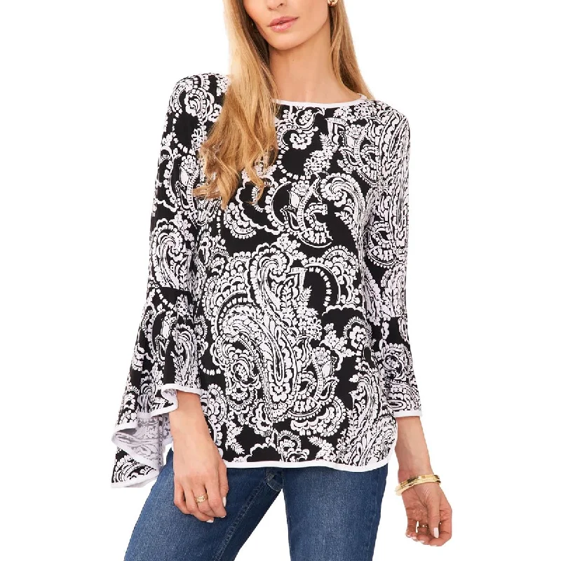 Womens Paisley Bell Sleeve Blouse Delicate Pleat Blouse