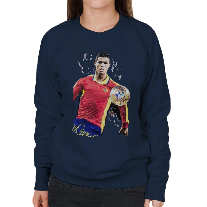 Sidney Maurer Original Portrait Of Portugal Striker Cristiano Ronaldo Women's Sweatshirt Hoodie with High Neck Warm Protective