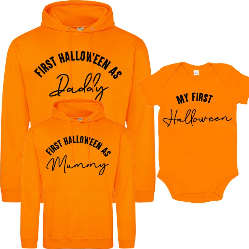 First Halloween As Family Script Orange Hoodies & Bodysuit (MRK X) Hoodie with Hem Fringe Bohemian Relaxed