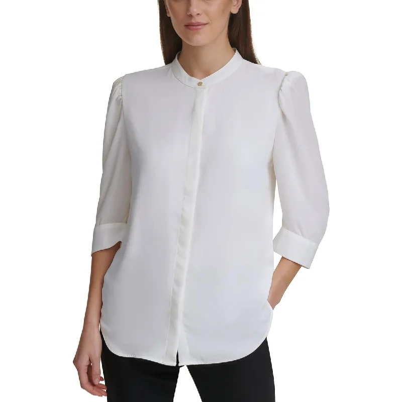 Womens Button Down Work Day Wear Blouse Peter Pan Blouse