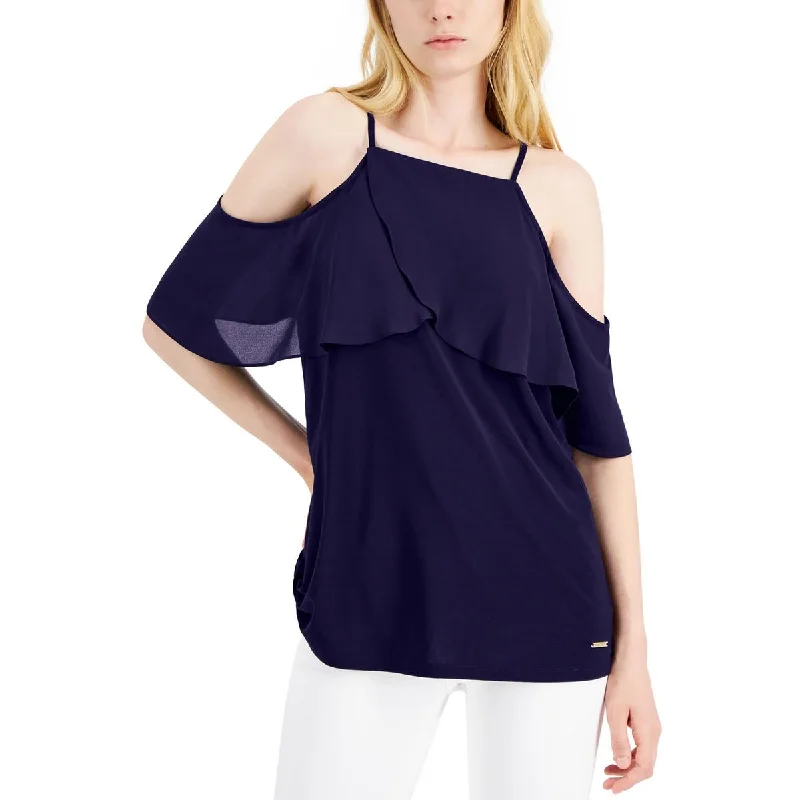 Womens Cold Shoulder Drapey Blouse Casual Button Blouse