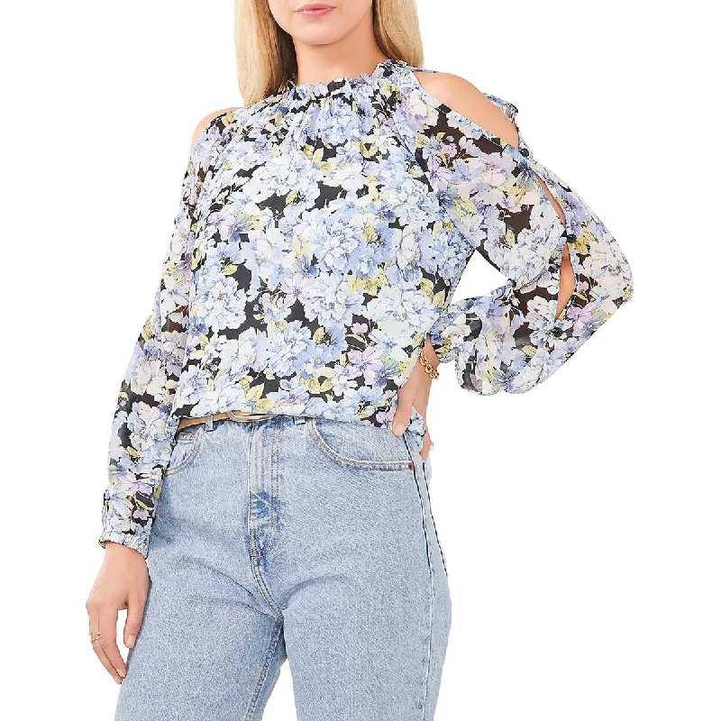 Womens Floral Print Ruffle Neck Blouse Office Formal Blouse