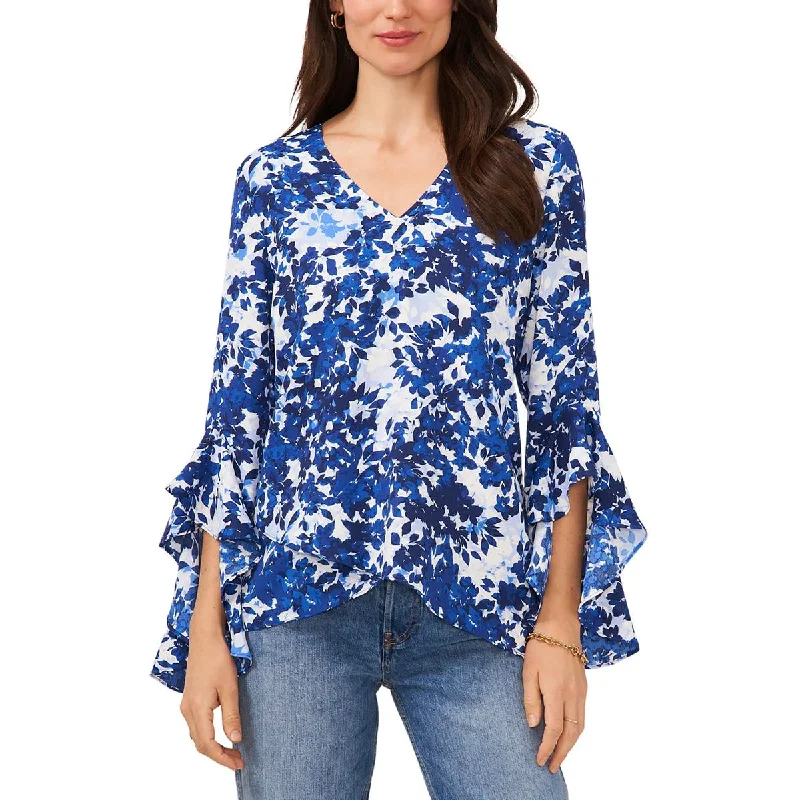 Womens V-Neck Floral Print Blouse Chic Off-Shoulder Blouse