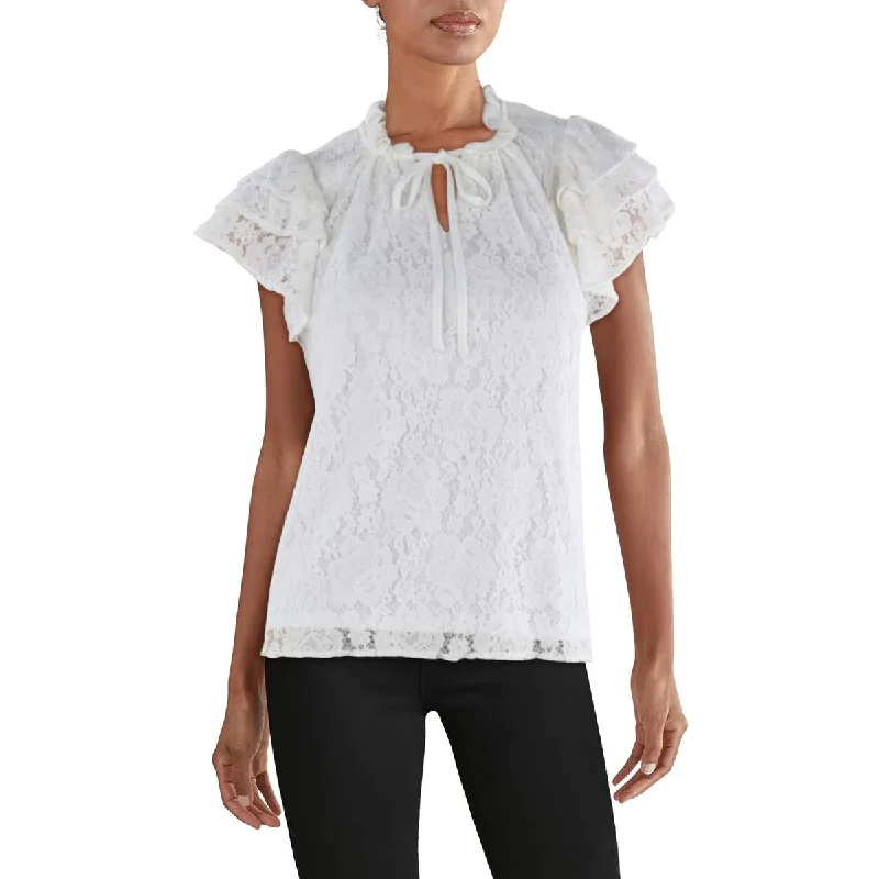 Womens Lace Tie Neck Blouse Sheer Sleeve Blouse