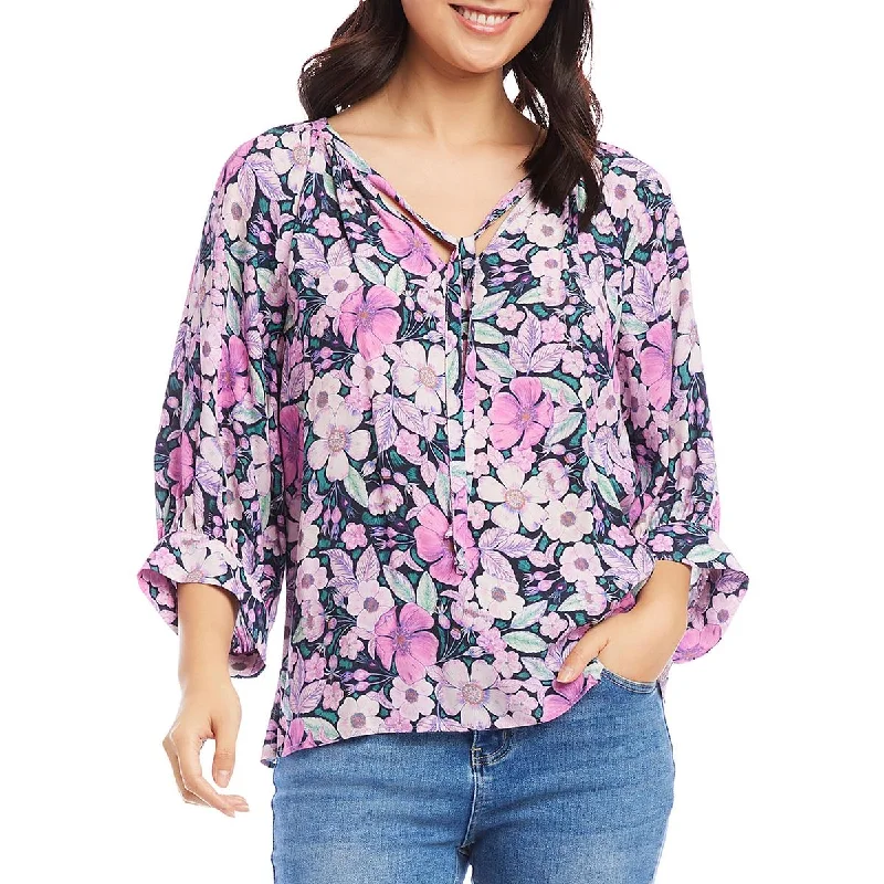 Womens Floral Print Tie Neck Blouse Silky Draped Blouse