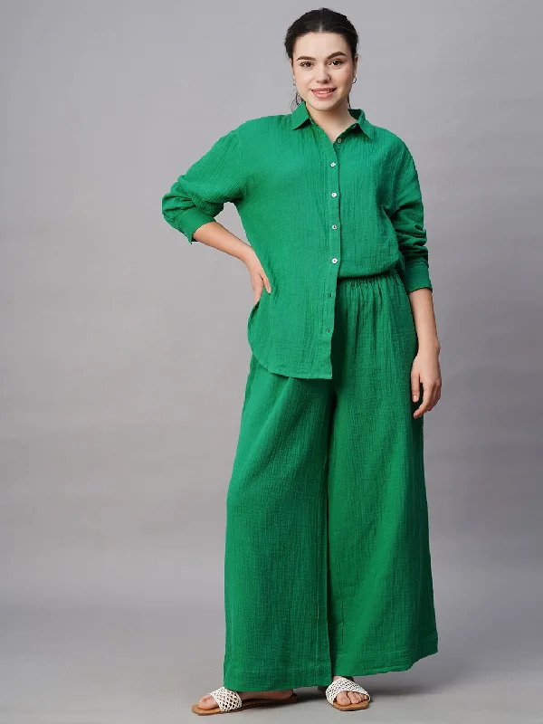 Women's Green Cotton Regular Fit Pant High-Waist Jogger Pants