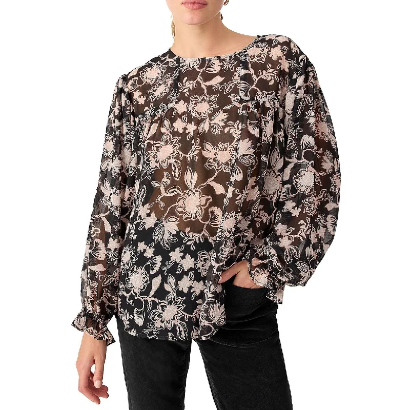 Womens Floral Print Bishop Sleeve Blouse Elegant Lace Blouse