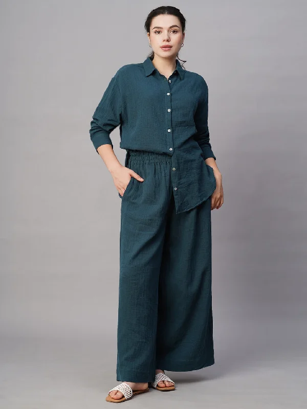 Women's Blue Cotton Regular Fit Pant Classic Bootcut Trousers