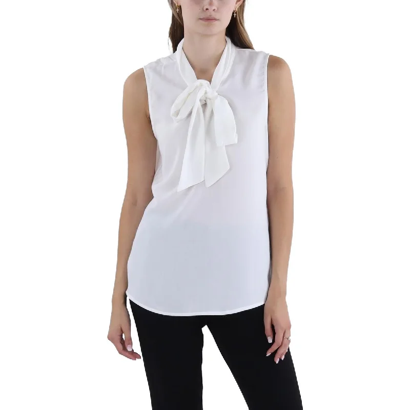 Womens Tie Neck Solid Blouse Elegant Silk Blouse