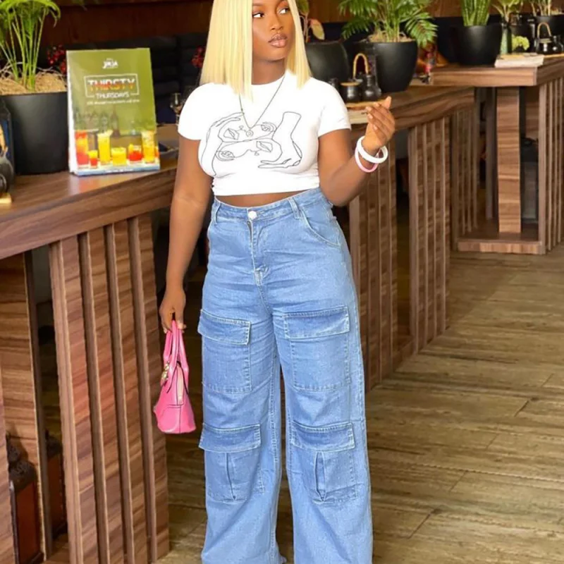 Women Fashion Casual Large Pocket High Waist Denim Pants Relaxed High-Waist Trousers