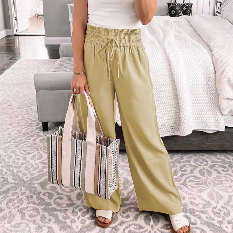 Women Casual Solid Color Lace Up Straight Wide-Leg Pants Trendy Printed Leggings