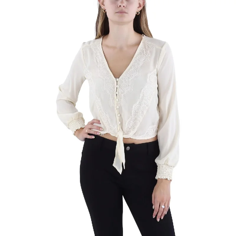 Womens Lace Shirt Blouse Ruched Sleeve Blouse