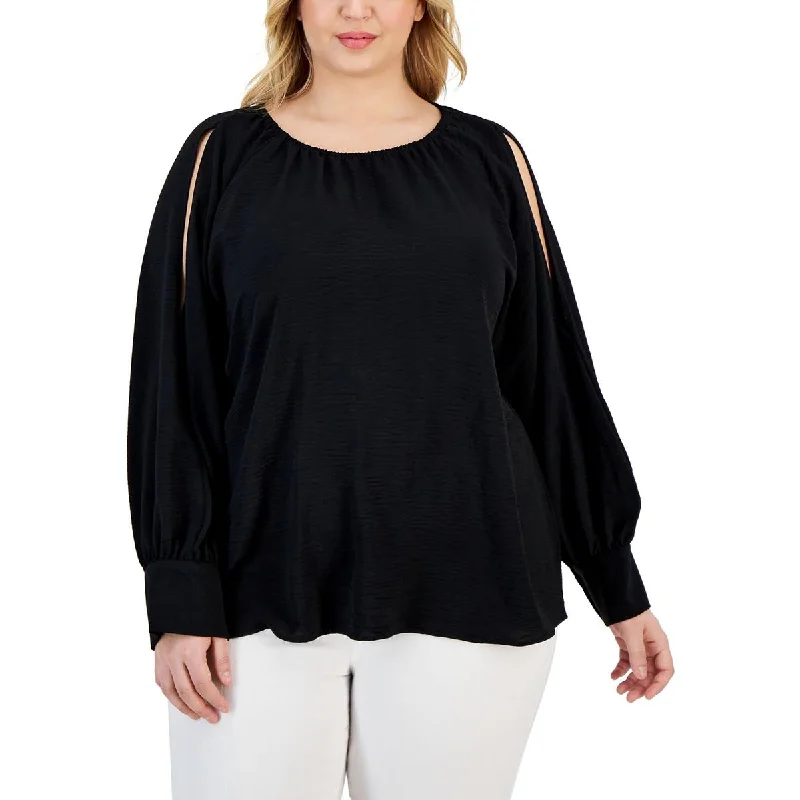 Plus Womens Textured Cold Shoulder Blouse Elegant Silk Blouse