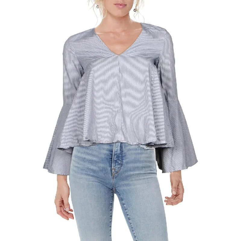 Womens Striped V-Neck Blouse Cotton Casual Blouse